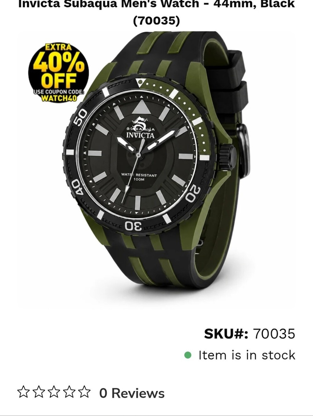 165.  Invicta - Subaqua Men’s Watch - 44mm, Black And Green